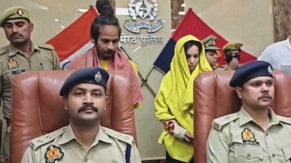 Sahil Shukla and Muskan Rastogi at police press conference