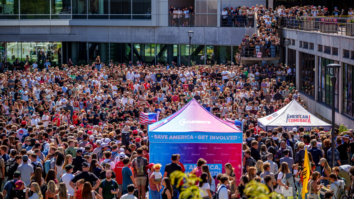 Crowd in a UVU courtyard during the event where Charlie Kirk was shot