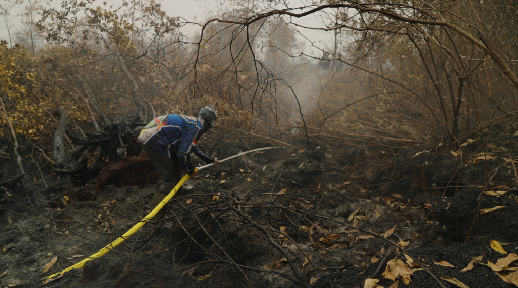 Firefighters battle smoke in charred lands