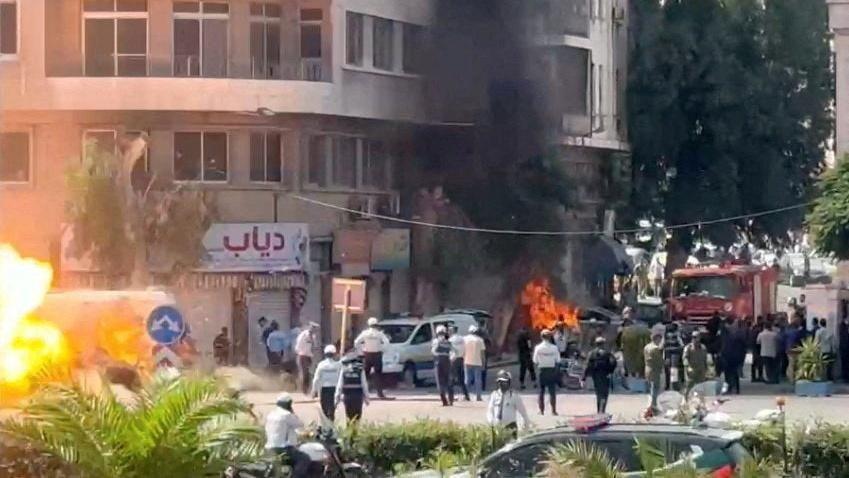 Emergency services at the blast site in Damascus