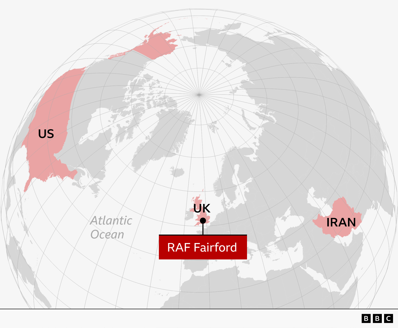 Map of UK, US, and Iran showing RAF Fairford location.